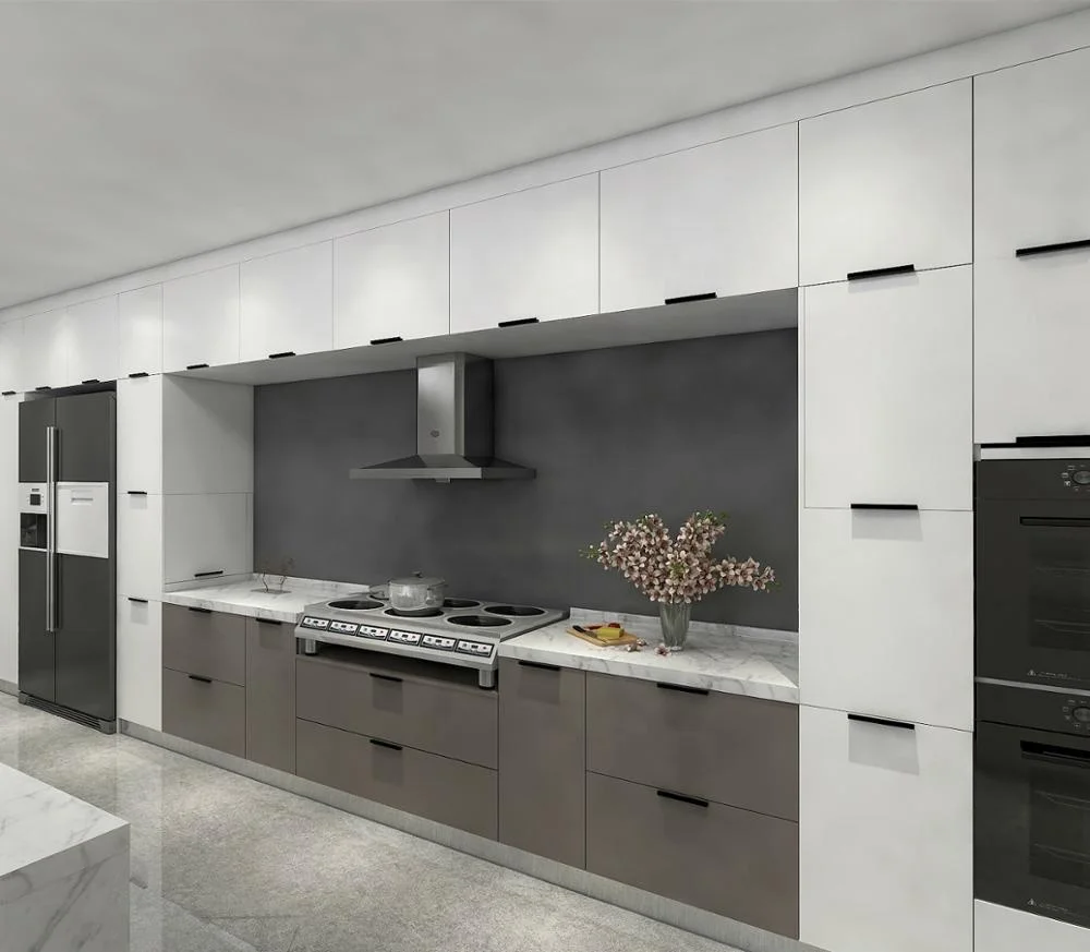 White And Grey Acrylic Kitchen With Two Tone Edge Banding Acrylic Kitchen Cabinet Door And Soft Closing Hinge & Slider