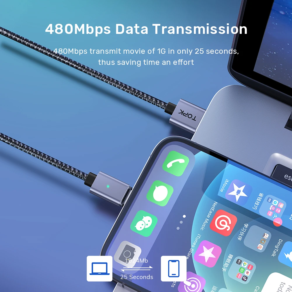  Бесплатная доставка TOPK AM45 1 м 3A QC3.0 Быстрая зарядка Магнитный USB кабель для