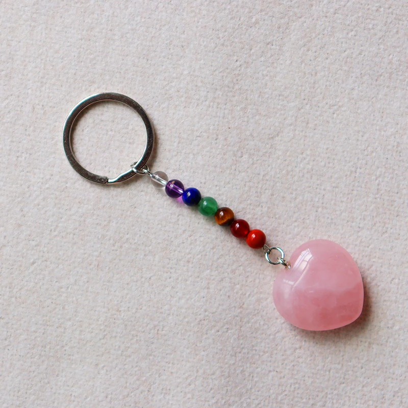 Wholesale raw crystal heart keychain rose quartz Personalized Heart-shaped Crystal Key chains