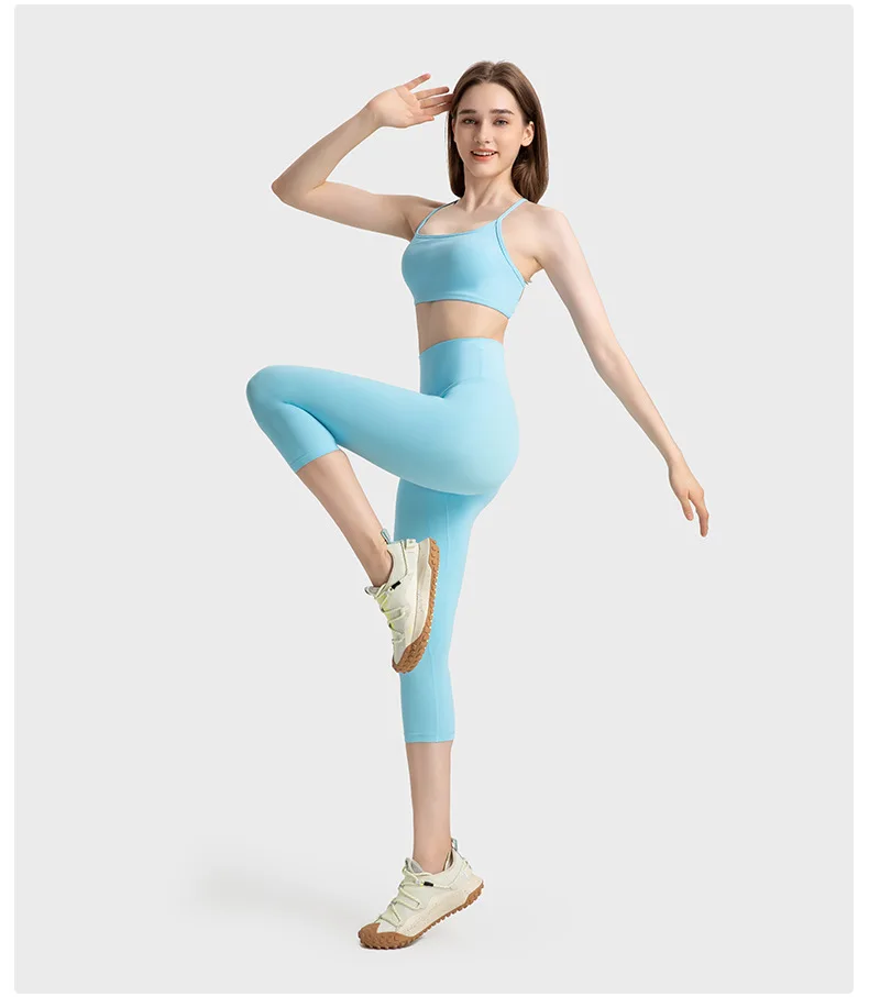 strap cross back nylon elastic fitness bras top legging without T line 3/4 fitness pants 2 pieces gym set women workout clothes