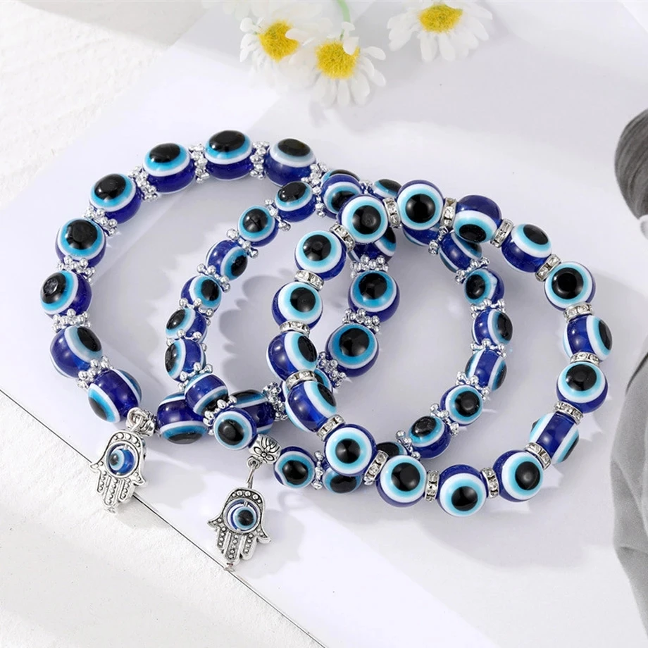 CSJA Wholesale Fashion Fatimas Hand Charm Lucky Turkish Evil Blue Eyes Bead Elastic Bracelet Jewelry For Women Couple S961