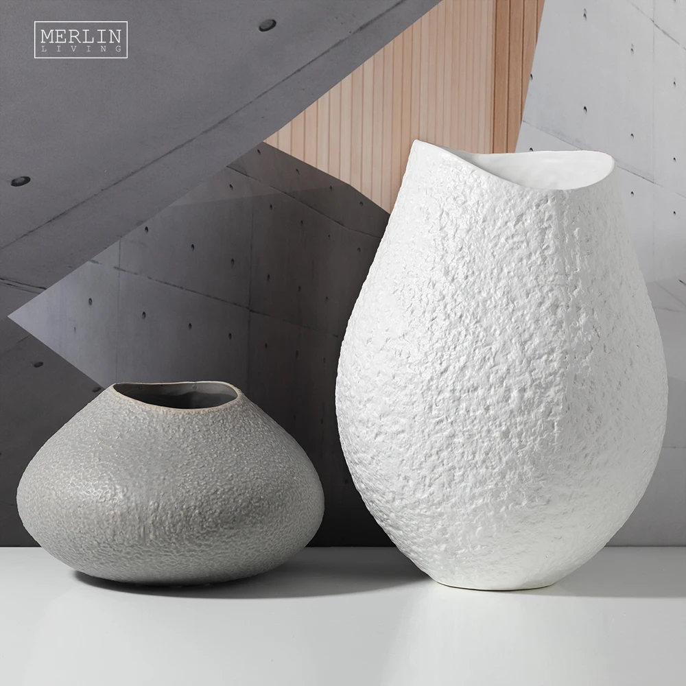Merlin Living Rough Surface Vase Grey White Matte Ceramic Minimalist Vase Pieces Natural Flower Vase Design for Home Decor