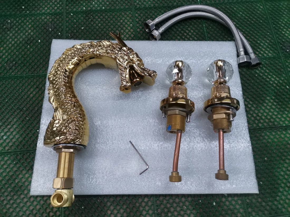 China Dragon crystal handle bathroom gold basin faucet