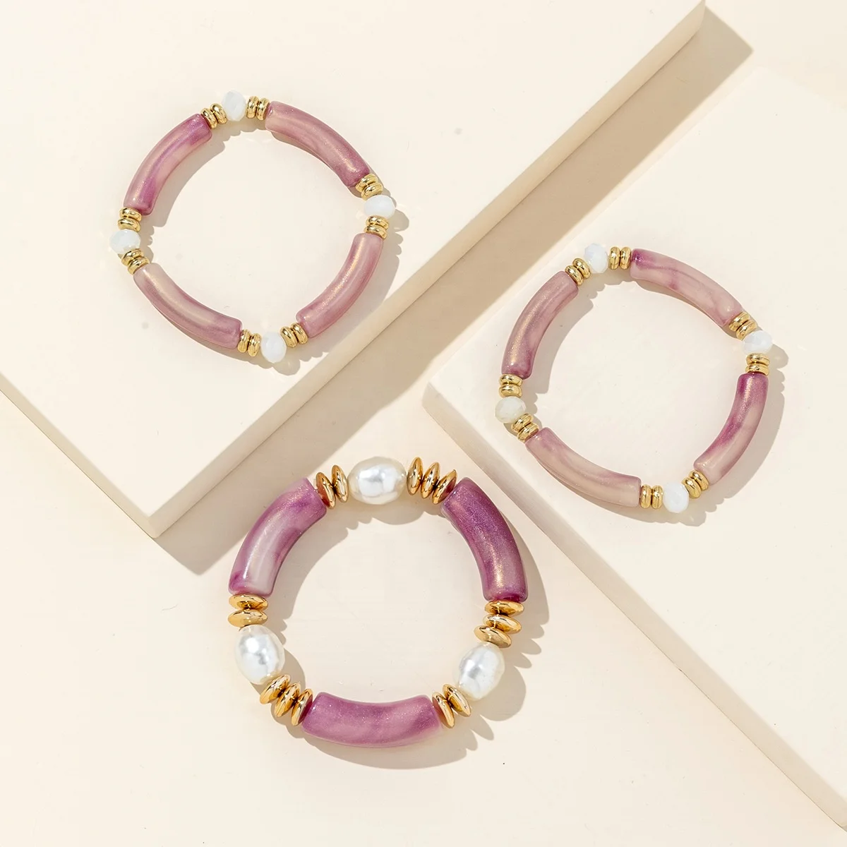 3pc/Set 2024 New Tube Bracelet Wholesale Womens Natural Freshwater Pearl Acrylic Tube Bangle Stackable Bracelets