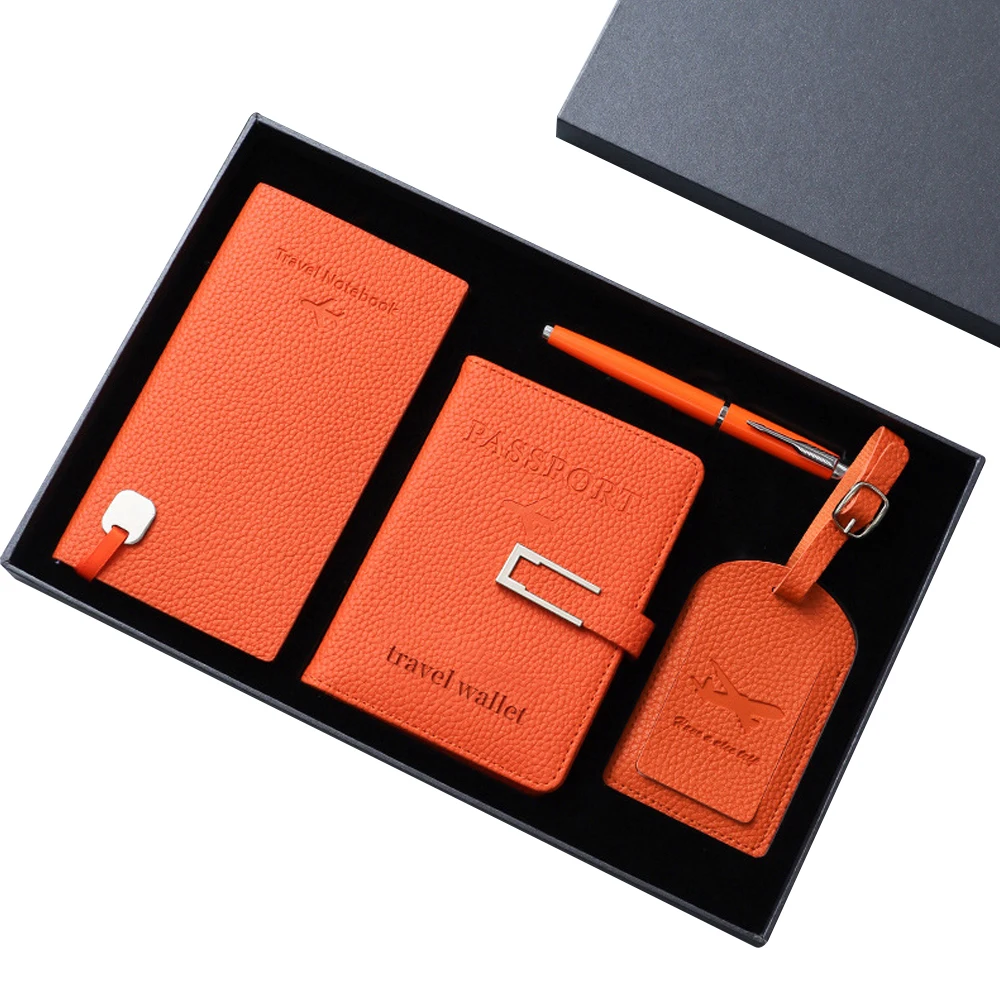 PU Leather Luggage tag Passport bag Notebook set Metal Pen Corporate Gift Custom Plane Business Gift Set