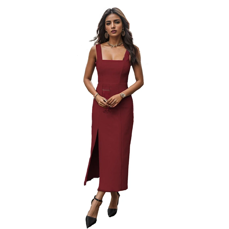 Alike Spring Women Sexy Round Neck Solid Slimming Hem Ruched Drawstring Sleeveless Split Tank Long Dress