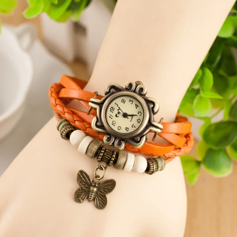 2021 High Quality Women PU Leather Vintage Watches,Women dress bracelet Wristwatches butterfly Pendant RW01