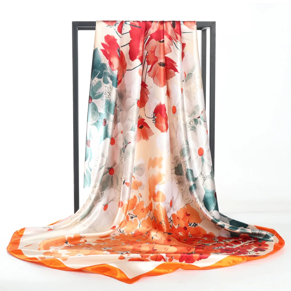 Professional Customized New 90cm Beautiful Peacock Screen Printing Long Silk Scarf for Women Plain Style For Spring Season Adult