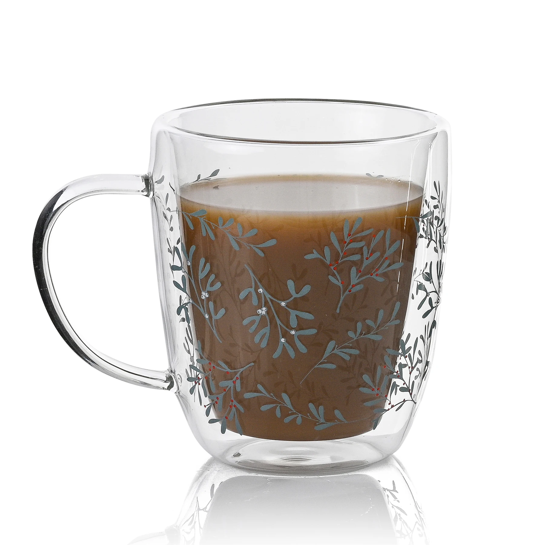 Gloway Manufacturer Cute Christmas Heat Resistant Handled Insulated Coffee Mug Christmas Tree Cup Double Wall Glass Mug With Lid