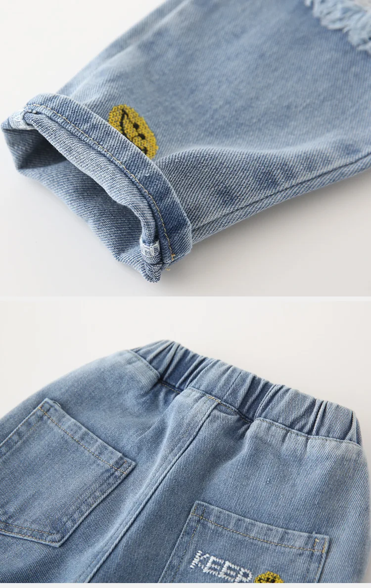 Kids Jeans Trousers Embroidered Smiley Face Toddler Casual Denim Pants Clothing