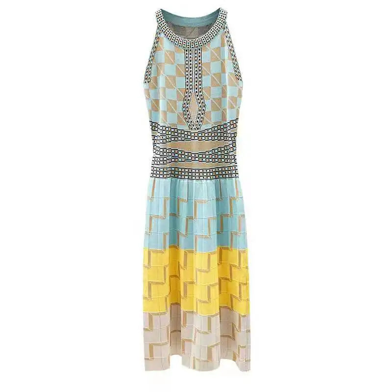 Knitwear manufacturer custom summer hit color geometric plaid crew neck sleeveless casual women sling knit sweater dress