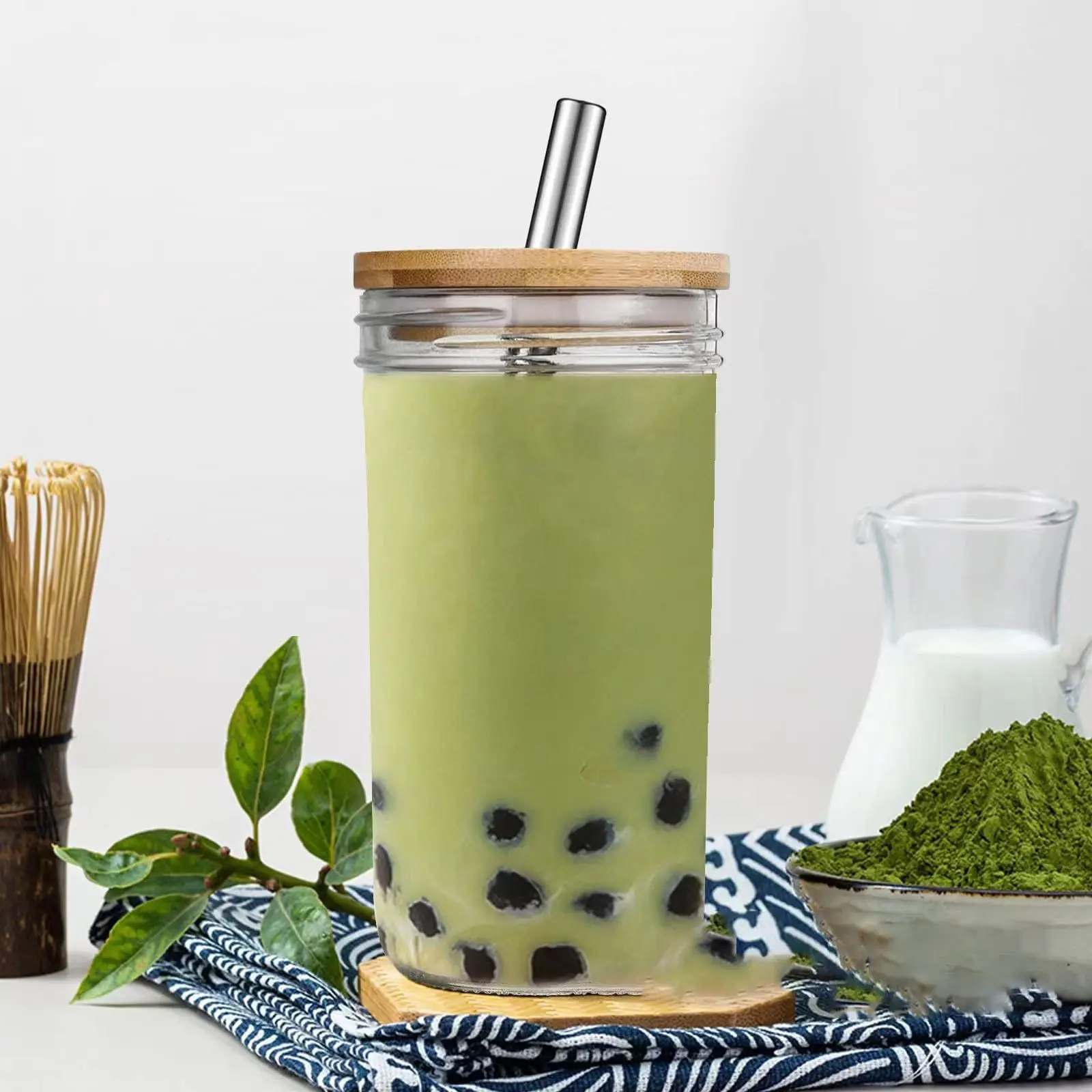 16oz 24oz Glass Mugs With Bamboo Lids and Glass Straw Cute Boba Glass Drinking Reusable Travel Tumblers for Iced Coffee