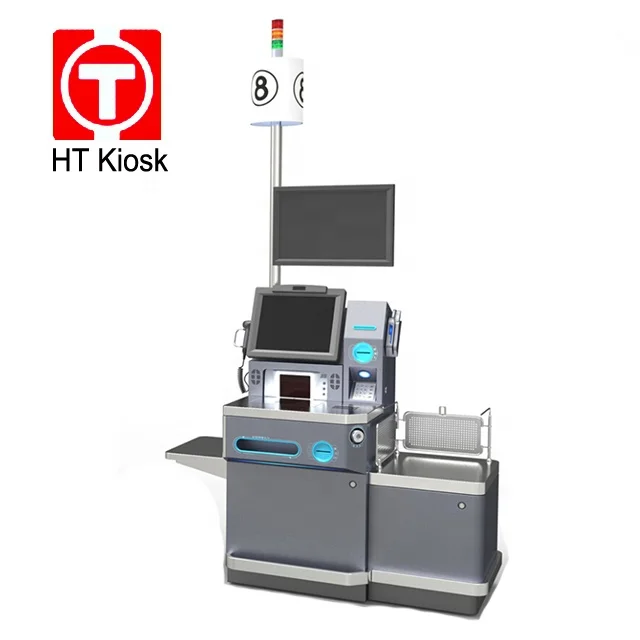 Self service supermarket check out payment kiosk with cash in and out acceptor dispenser machine kiosk