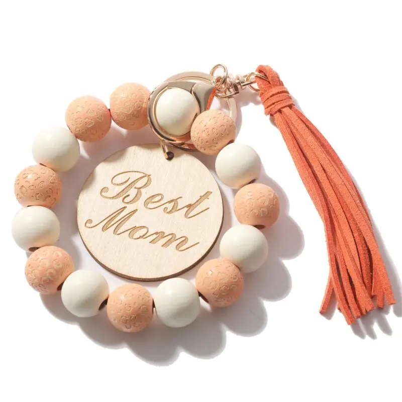 Spot Leopard Wood Bead Bracelet Elastic Rope Keychain Hand Tassel Carved Disc Bracelet Keychain