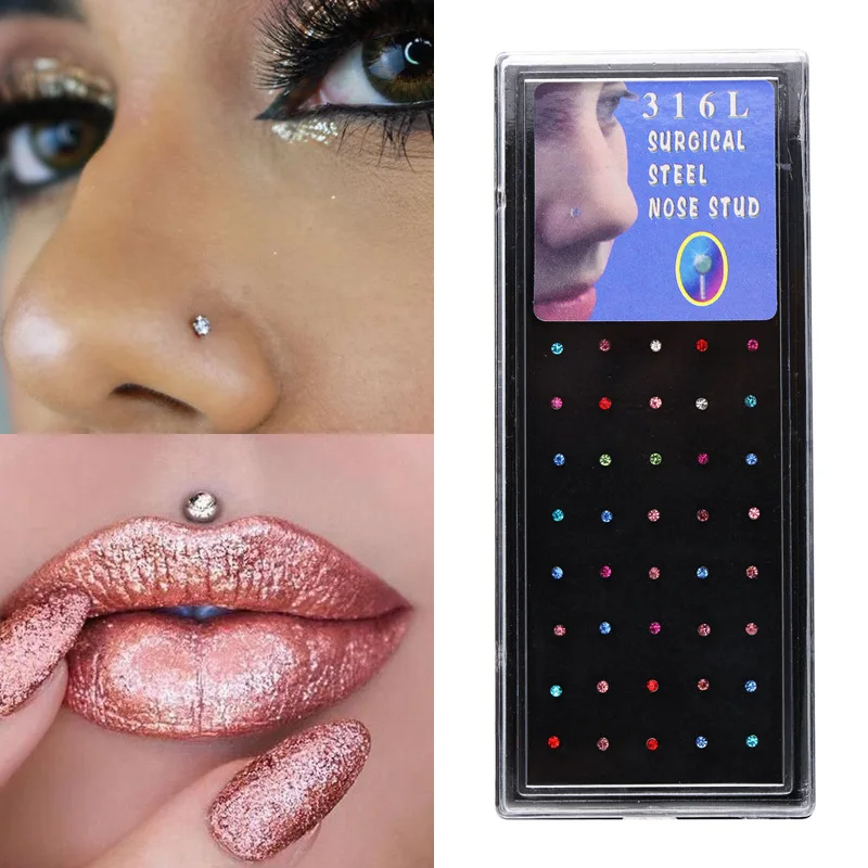 Stainless Steel Crystal Nose Pack Indian Nose Lot Piercing Set Crystal Nariz Ring Bulk Nose Piercing Stud Jewelry Set