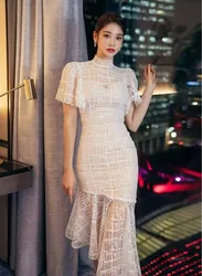 2022 spring and summer banquet white temperament slim-fit lace dress with fishtail ruffled sleeves