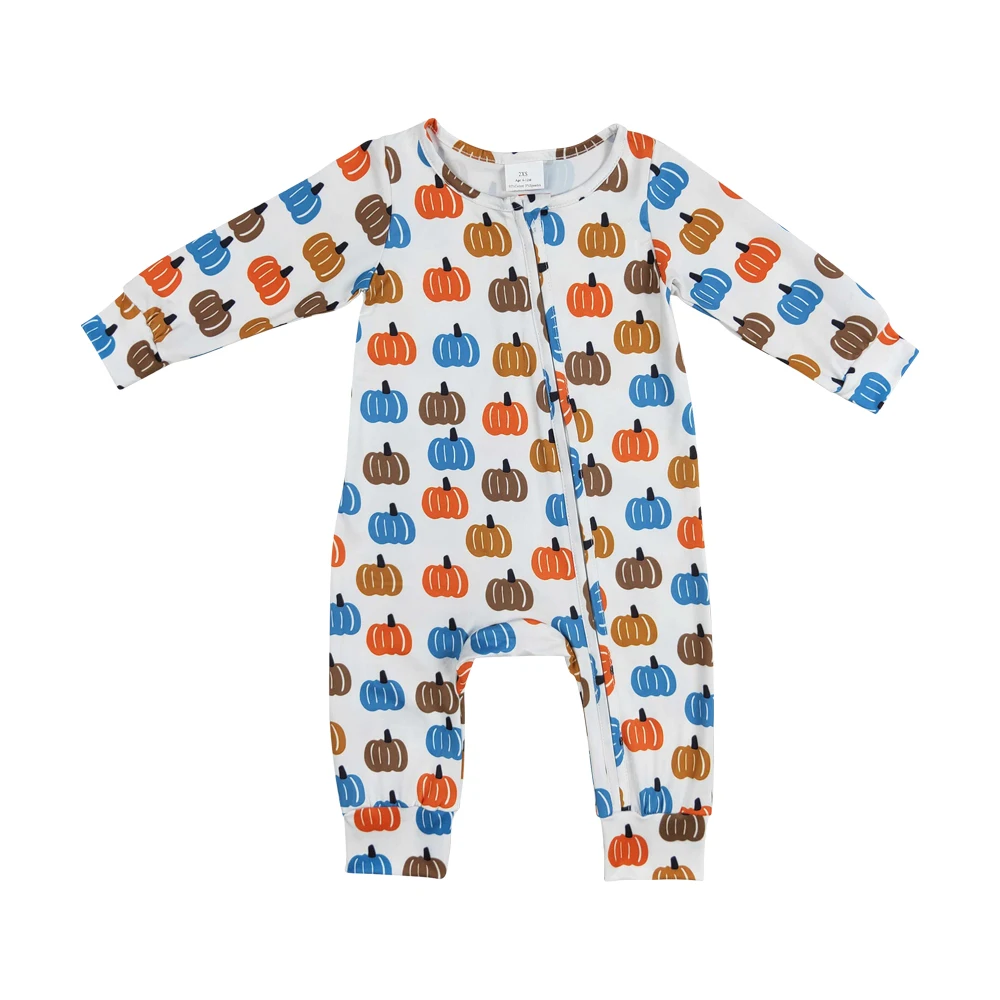 Fall rompers long sleeves color pumpkins print wholesale boys fall zipper rompers boutique suits low price clothes ready to ship