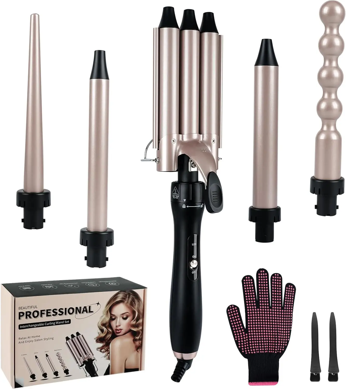 Interchangeable Ceramic Hair Curler Heating Curling Wand Dual Voltage Waver 5 in 1 Curling Iron Set with 3 Barrel Hair Crimper