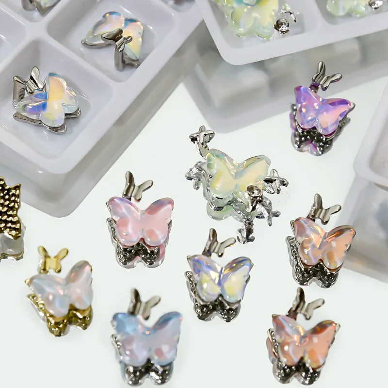 French butterfly nail art alloy accessories with colorful aurora and a cool niche exquisite feel for butterfly nail decorations