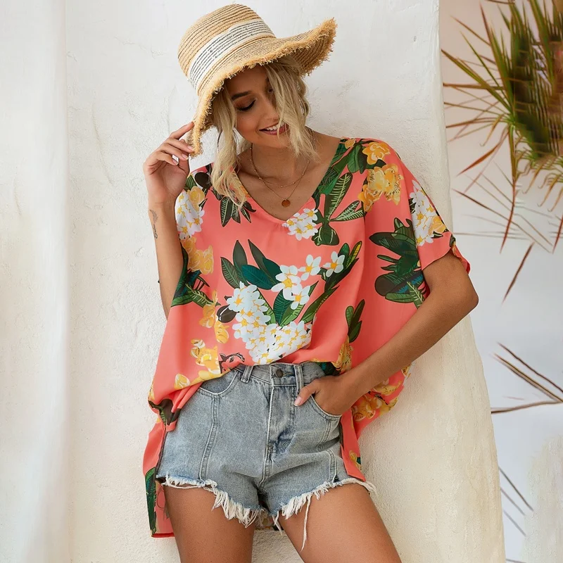 
2021 summer leisure bat sleeve sunscreen printing breathable girl Chiffon Beachwear Bikini cover up dress 