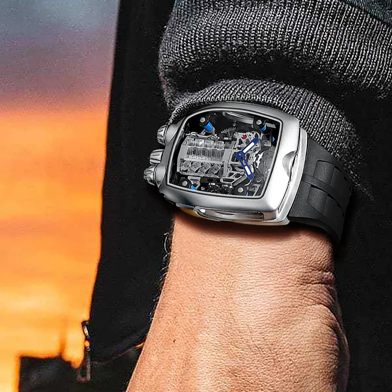 Men Luxury Fashion Tourbillon brand watch Engine Design Stainless steel Silicone Strap Automatic Mechanical Watch