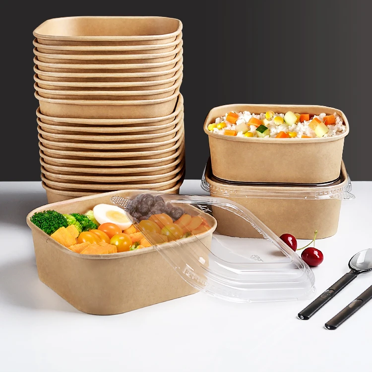 Wholesale Restaurant Take Away Food Rectangle Bowl Disposable Kraft Paper Square Bottom Salad Bowl Lunch Box With Lid