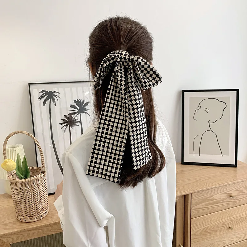 2021 new thin narrow long plaid silk scarf female temperament elegant hair band retro hair tie strap