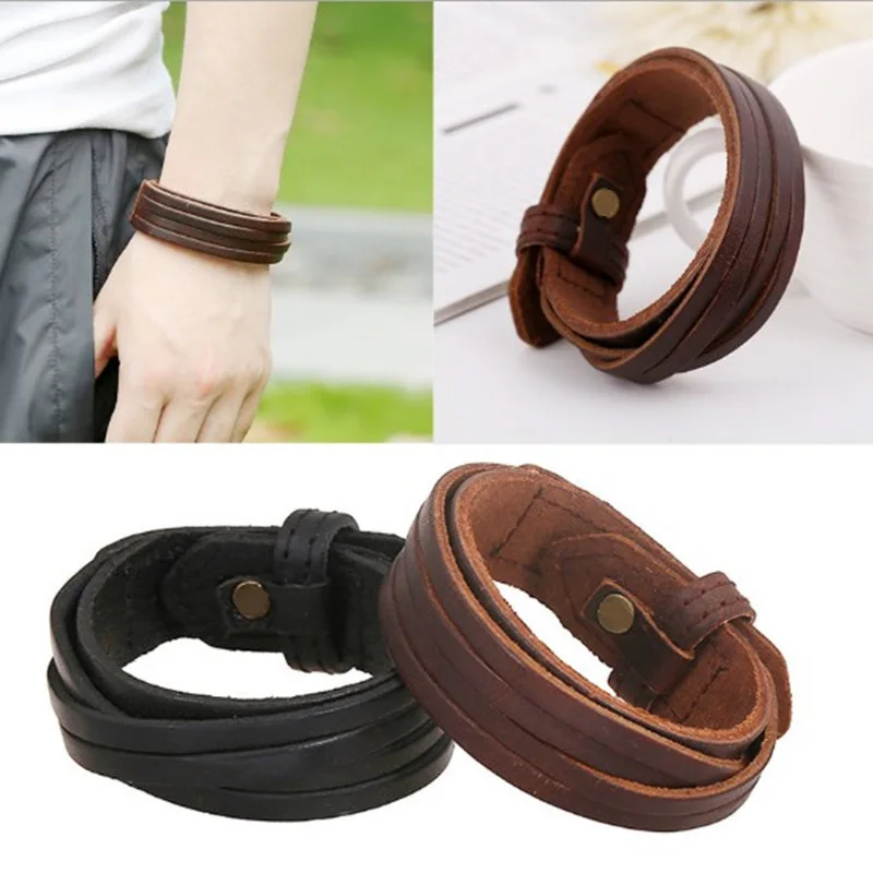 Vintage Punk Genuine Real Leather Bracelet Bangle For Men Handmade Leather Wristband Steampunk Jewelry Mens Bracelets