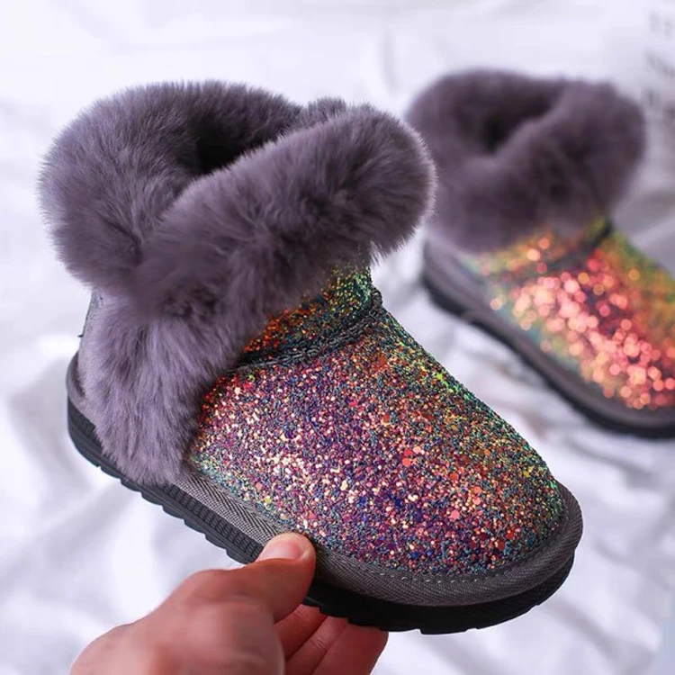 Classic High Quality Bling Bling Winter Warm Indoor Outdoor Flat Bottom Kids Boots
