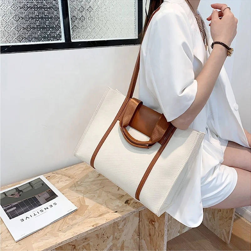 2022 OMOI Custom Leather Hand Made Plain Canvas Women Girls Shopping Tote Single Shoulder Bag Hand Bag