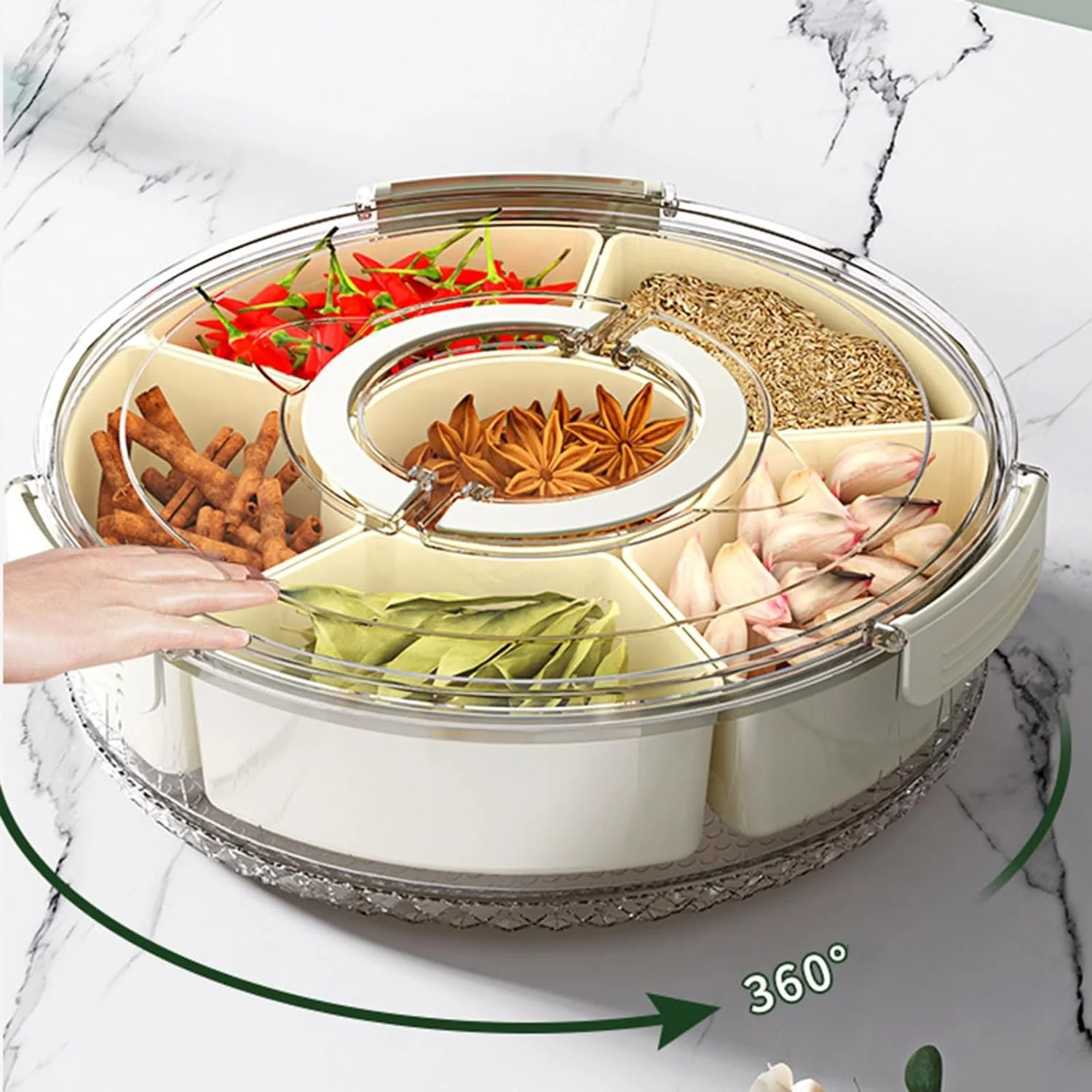 OWNSWING 6 Divided Serving Tray With Handle 360 Rotatable Snackle Box Container Portable Containers For Fruit Veggie Candy