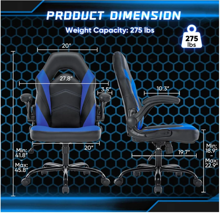 Ergonomic Racing Gaming Computer Chair Lumbar Support Flip-Up Arms Adjustable Height Swivel PU Leather Executive-for Office Use