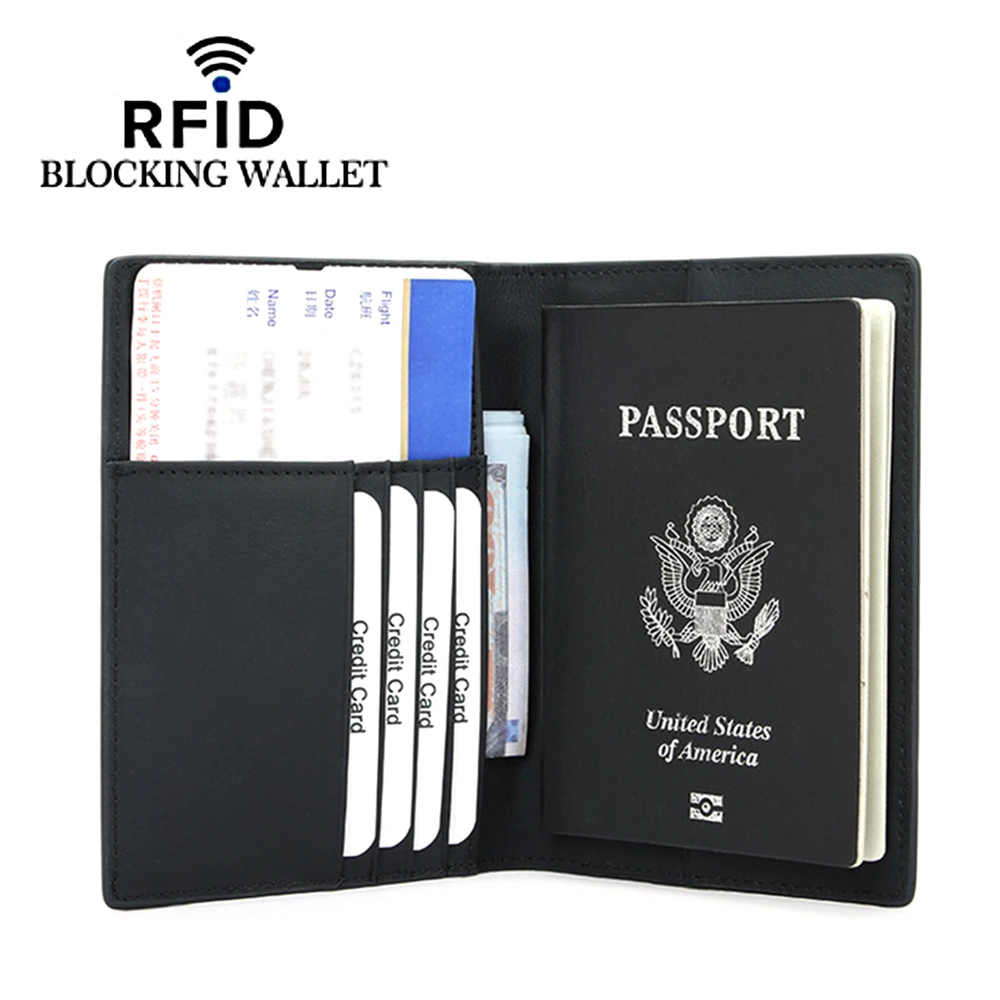 Black Genuine Leather and Microfiber RFID Protection Passport Holder Wallets for Visa Card, Tickets Smooth and Multifunctional