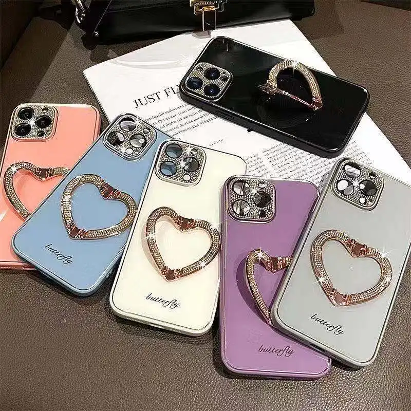 2022 luxury diamond bling bling love heart holder bracket phone case for iphone x xr xs 11 12 13 pro max