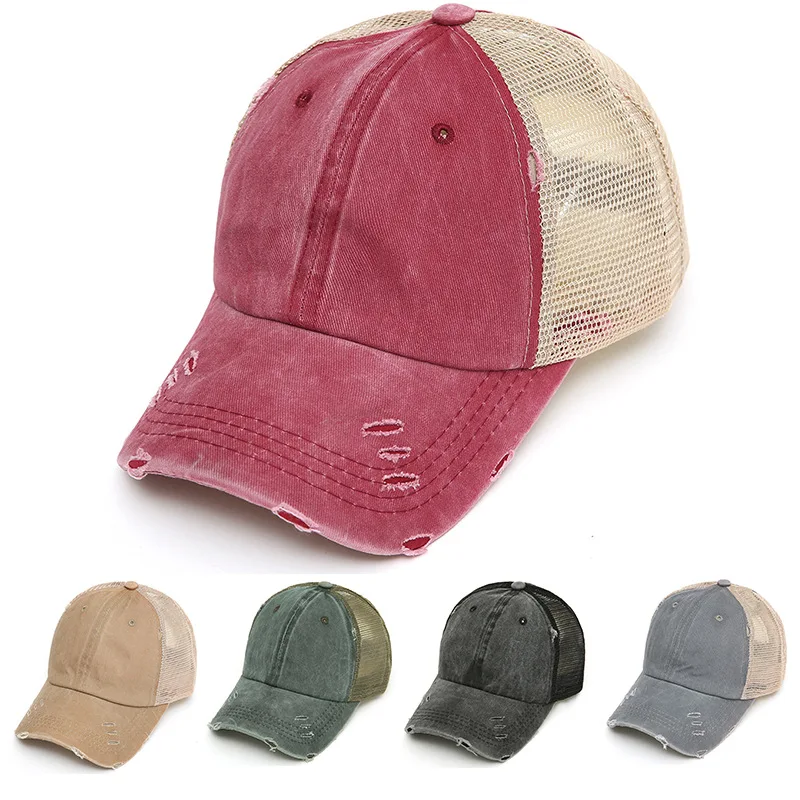 2024 new arrival womens ponytail washing cotton vintage old looks mesh baseball cap with custom logo