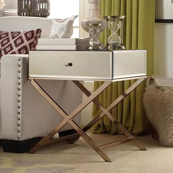 Wholesale Silver Champagne Gold Mirror Cross Legs End Table With Drawer