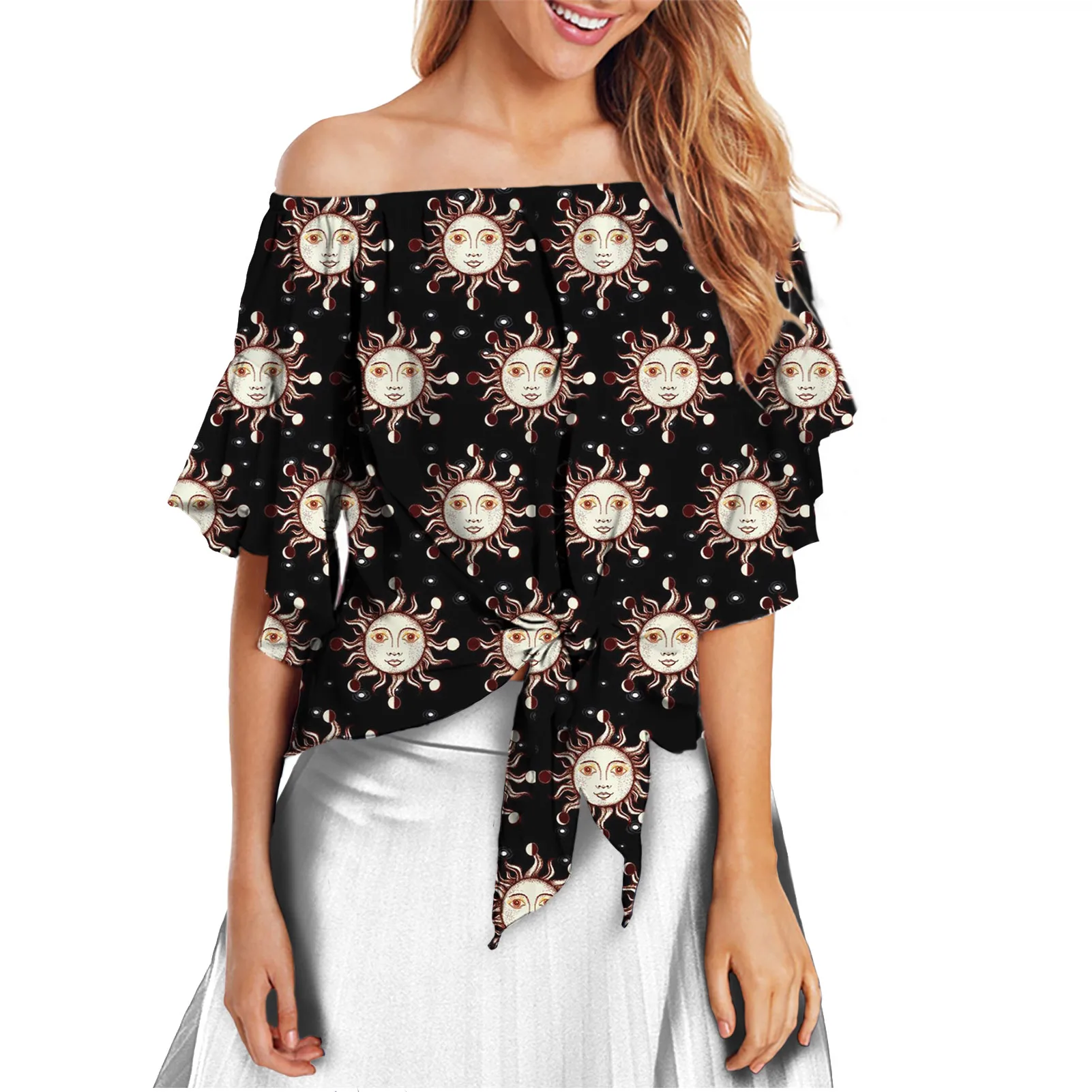 
Fancy Sun Moon Print Blouse Tops for Women Trendy Fashion Off The Shoulder Shirts Bell Sleeve Tie Knot Summer Short Sleeve 
