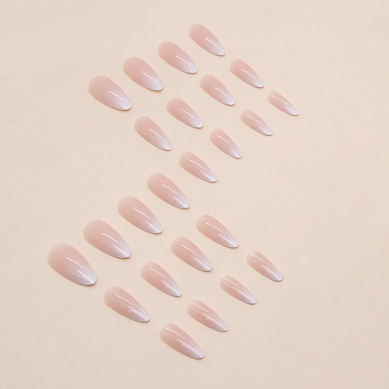 24 Pcs Press on Nails Set Medium Almond Fake Nails with Glue Kit Pink White Gradient False Nails Designs Acrylic Tips for Women