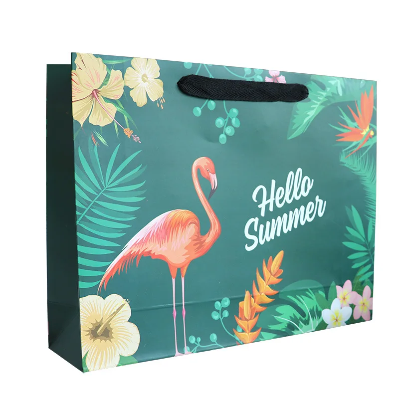 In Stock Clothing Store Paper Bag Custom Logo Wholesale Spot Flamingo Pattern High-End Handle Paper Bag Custom Small Gift Bag