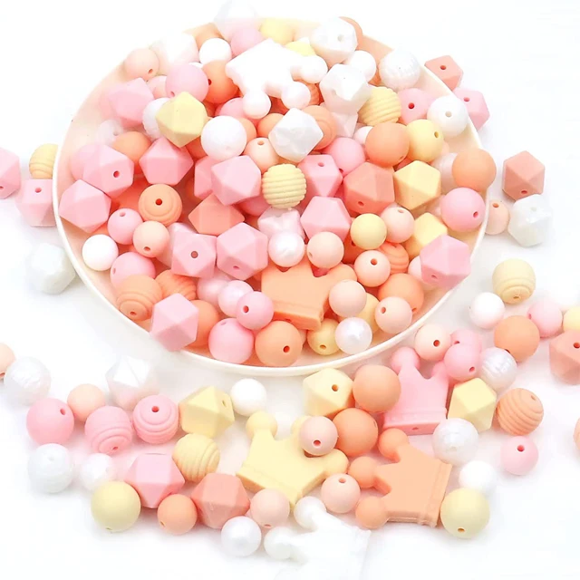 Оптовая продажа, безопасные детские жевательные бусины для прорезывания зубов, Набор круглых шестигранных 100%, пищевые силиконовые детские бусины, Прорезыватель для зубов