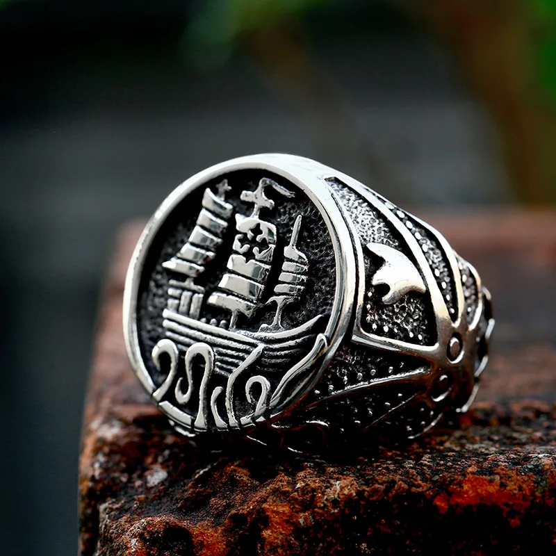 Fashion Jewelry Rings Vintage Viking Drakkar Ship Kraken Norse Sea Monster Octopus Squid Tentacle Stainless Steel Ring for Men