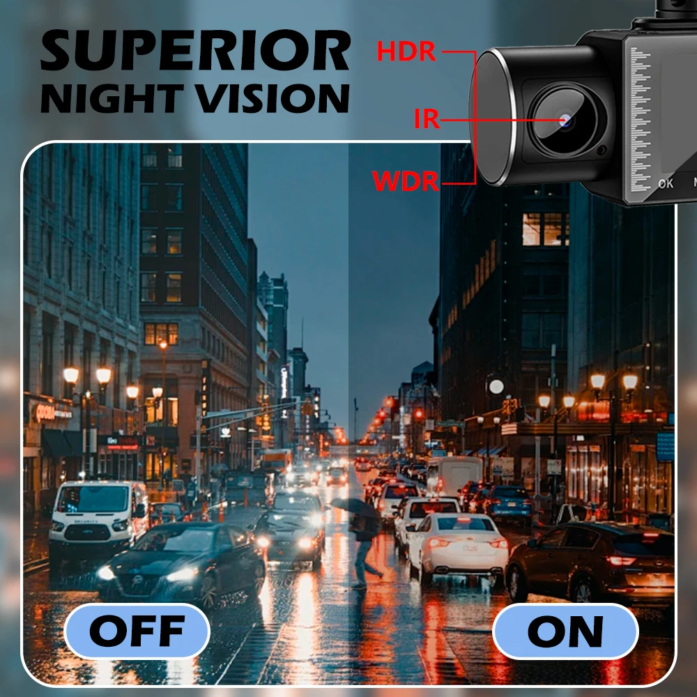 Dash Cam Front Rear Cabin Car Camera 1080P Full HD 3 Ways Camera IPS Screen Car Driving Recorder Video with WDR Night Vision