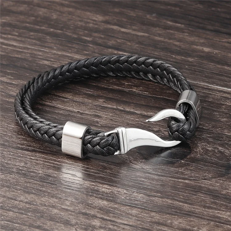 Innovative Products 2020 Stainless Steel Two Layers Genuine Leather Mens Fish Hook Bracelet