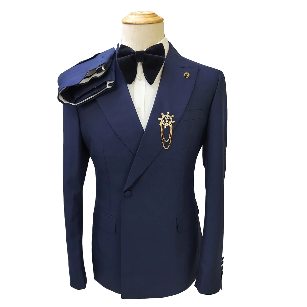 Actual 100% Party Dark Blue Slim Fit One Button Notched Two Slits Business (Jacket+pants) Cheap Men Wedding Suits MS520