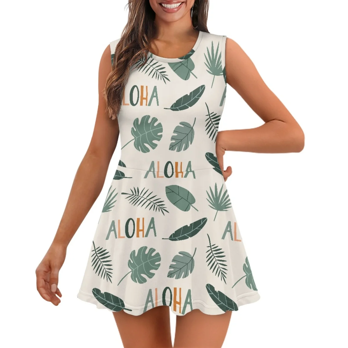 Tufted Bamboo Pattern Hawaii Beach Dress Custom on Demand Monster Leaf Printed Sundress Sleeveless Crew Neck Cheerleading Dress