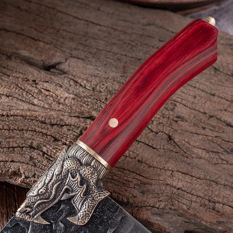 Butcher Knife Bone Chopping Slaughter 7 Inch Carbon Steel Meat Cleaver Knives Hand Forge Wooden Dragon Riot Handle