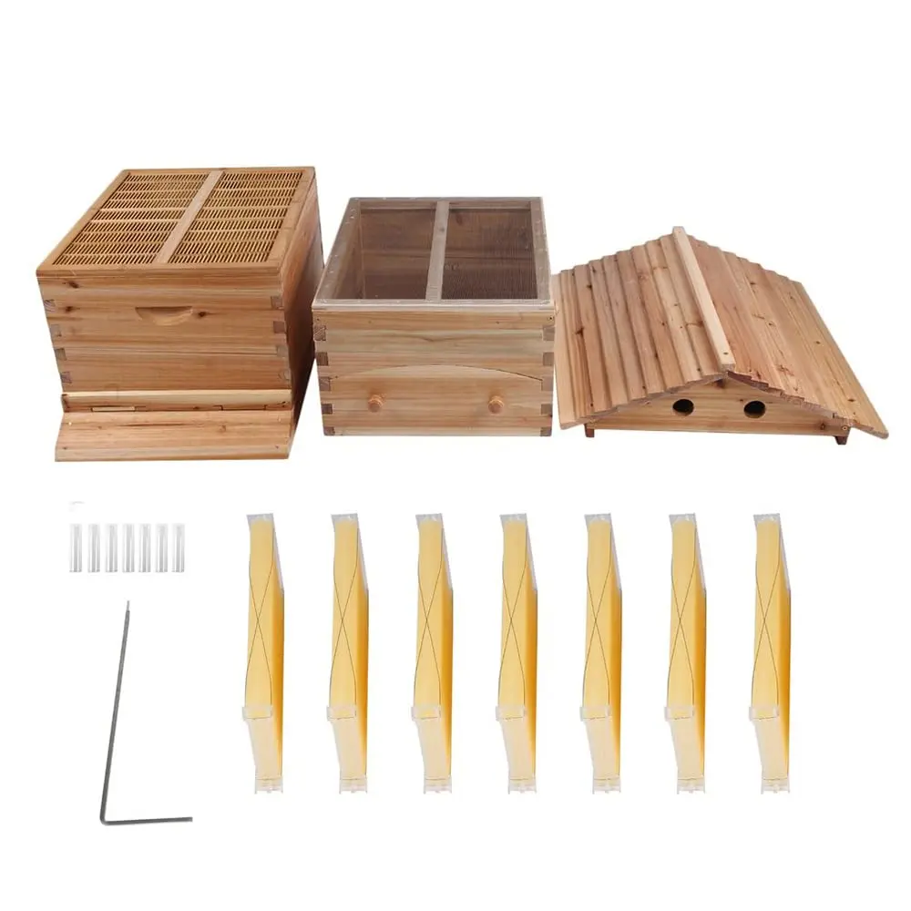 Auto Wooden Flows Bee Hive House kit Beehive Boxes with 7 Pieces Comb Honey Frames for Beginning and Professional Beekeepers