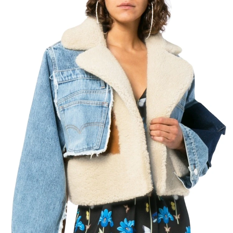 Women Short Denim Jeans Faux Shearling Fur Lined Parkas Lamb Fur Suede Collar Denim Winter Jacket Coat Lady
