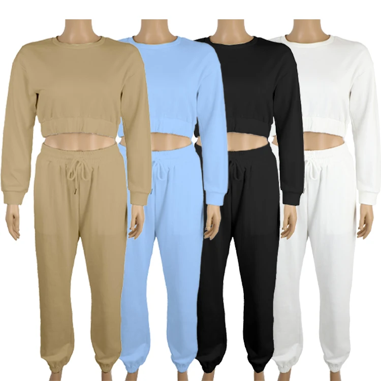 Fall 2021 Fashion Trendy Womens Clothing Set Crewneck Pullover Sweatshirts Crop Top With Jogers Set