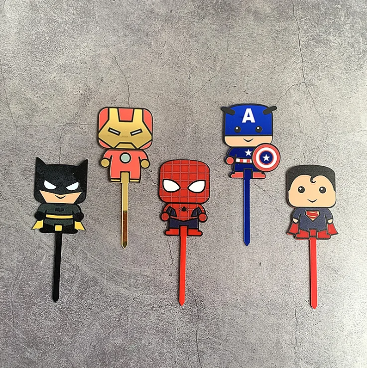 Mini Cute Superhero Acrylic Laser Cutting  Cupcake Picks Cake Topper Happy Birthday Cake Topper